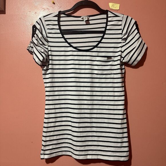 Guess Womens TShirt M Medium Black White Striped Short Sleeve Round Neck - Picture 1 of 9